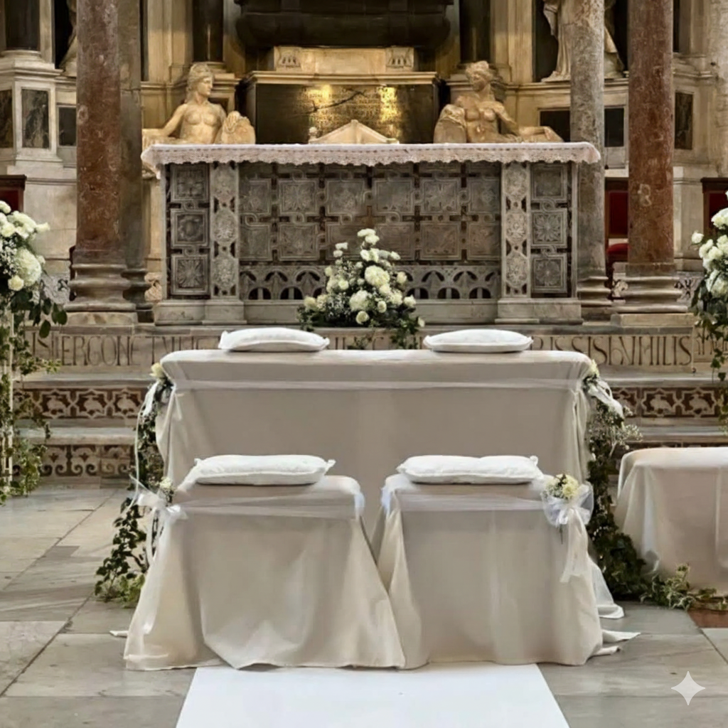 Altare con tovaglia bianca, composizioni floreali e cuscini; allestimento per una cerimonia nuziale.