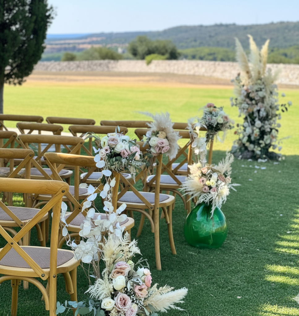 Allestimento per matrimonio all'aperto: sedie in legno, composizioni floreali, erba della pampa, vaso verde sull'erba, sfondo panoramico.