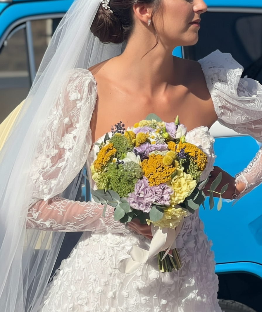 Sposa con abito da sposa in pizzo bianco che tiene in mano un bouquet, vicino a un'auto azzurra.