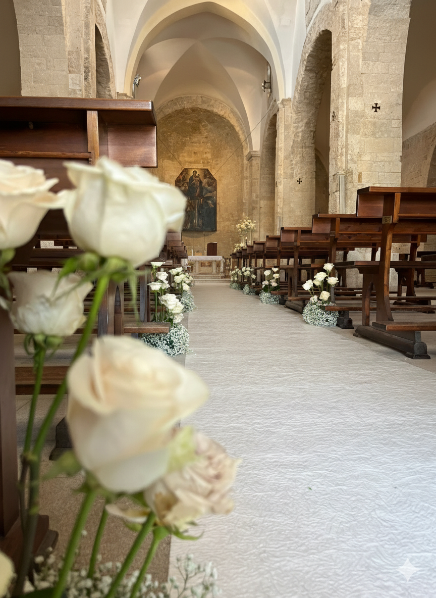 Una navata decorata con rose bianche conduce a un altare in una chiesa in pietra.