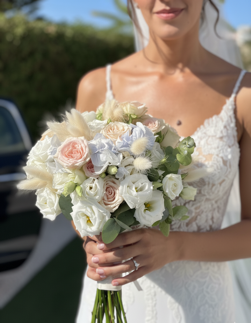 Sposa in abito di pizzo che tiene in mano un bouquet di fiori bianchi, rosa e verdi all'aperto.