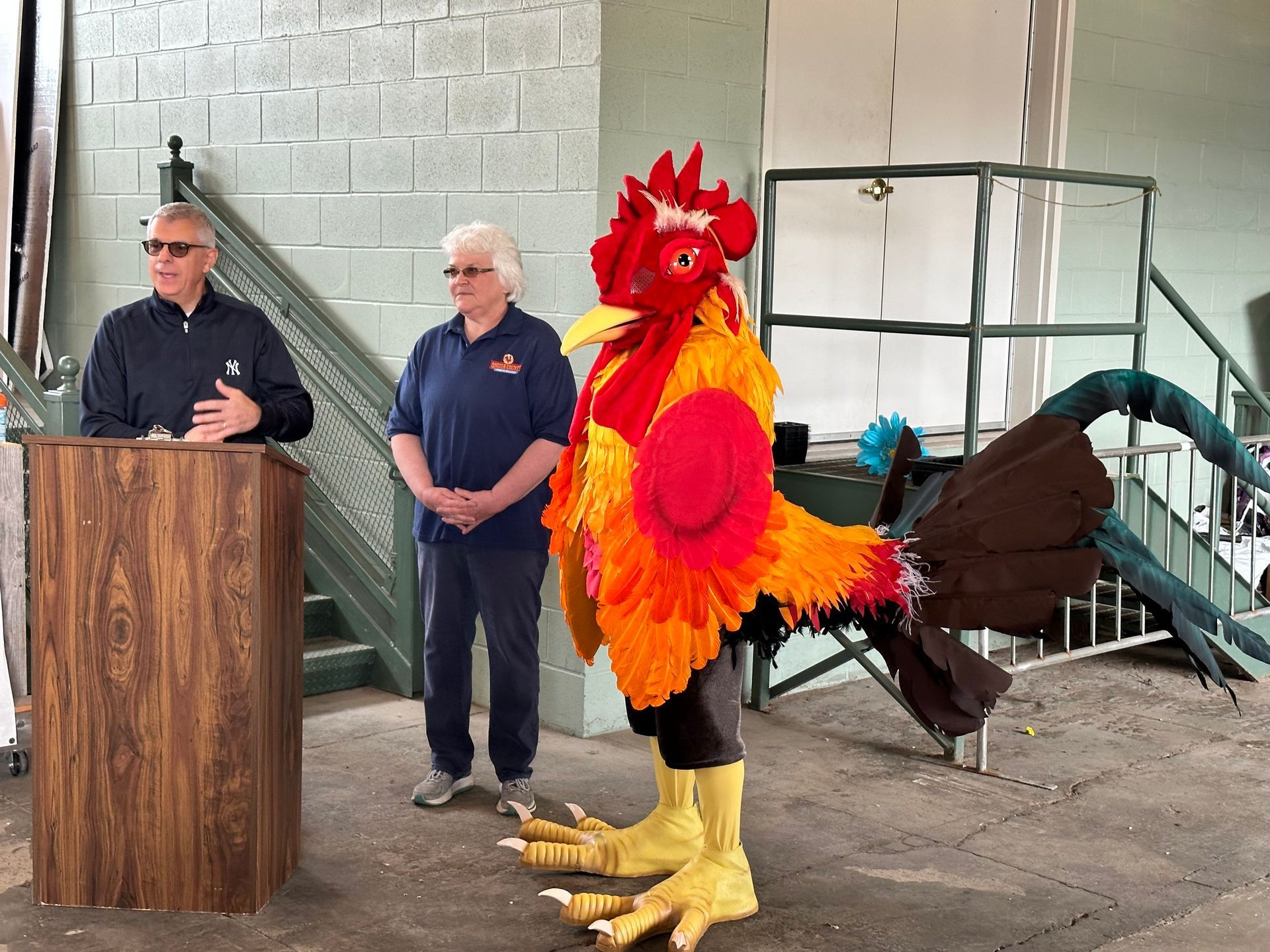 A man in a rooster costume is giving a speech