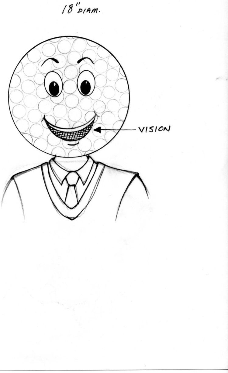 A black and white drawing of a golf ball with braces on his face.