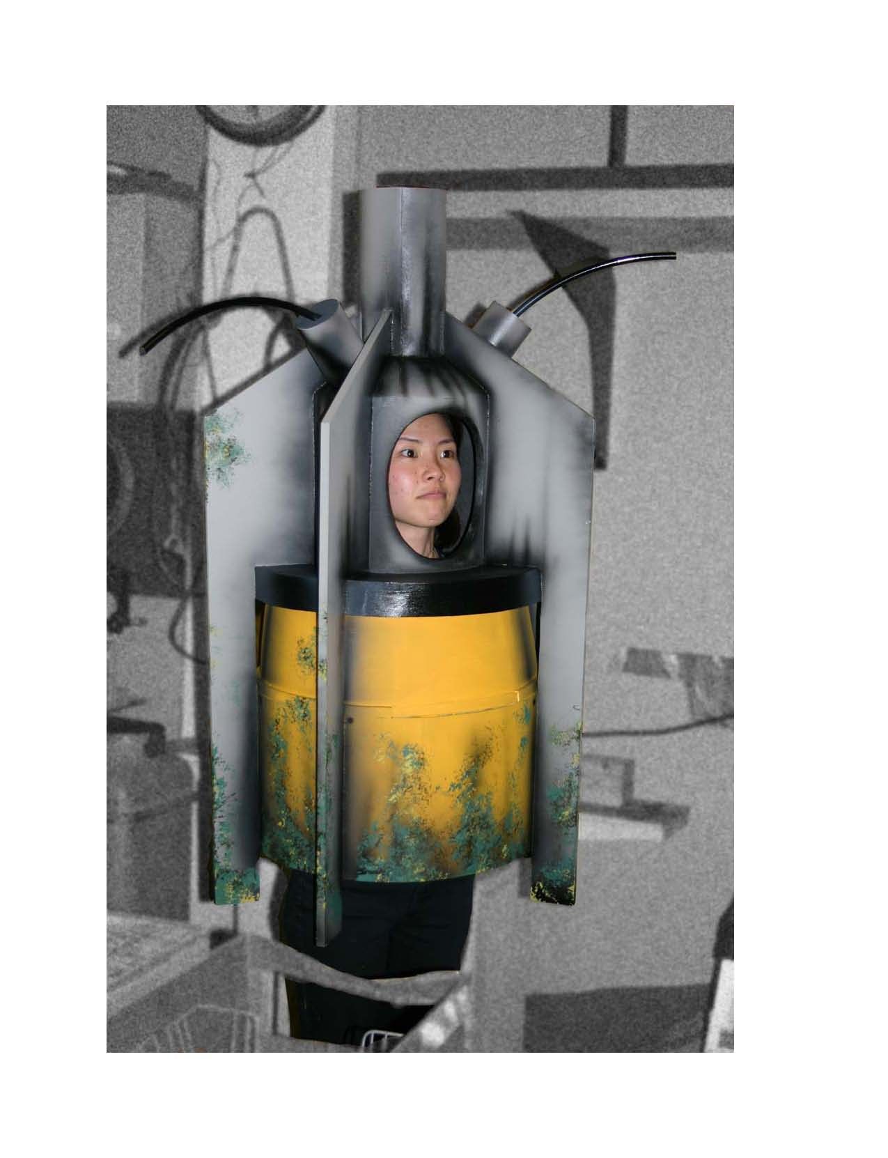 A black and white photo of a person in a costume