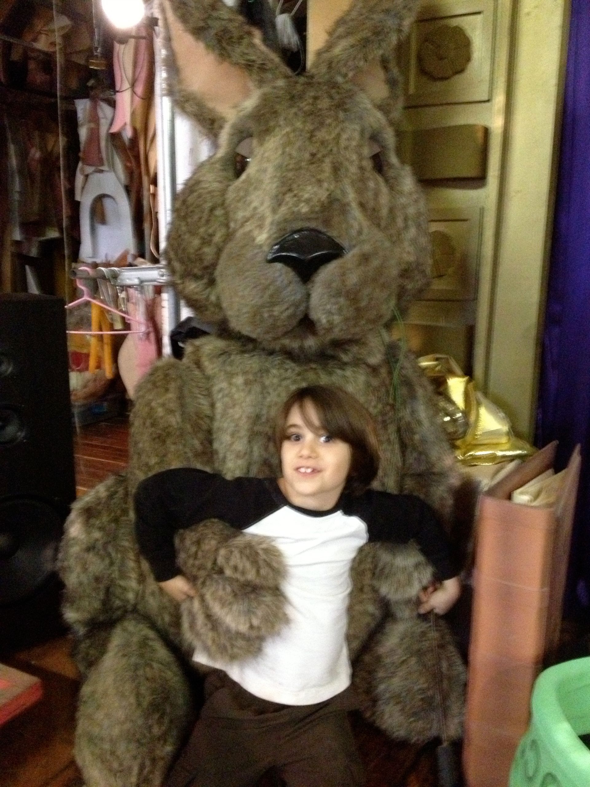 A little boy is sitting next to a stuffed rabbit