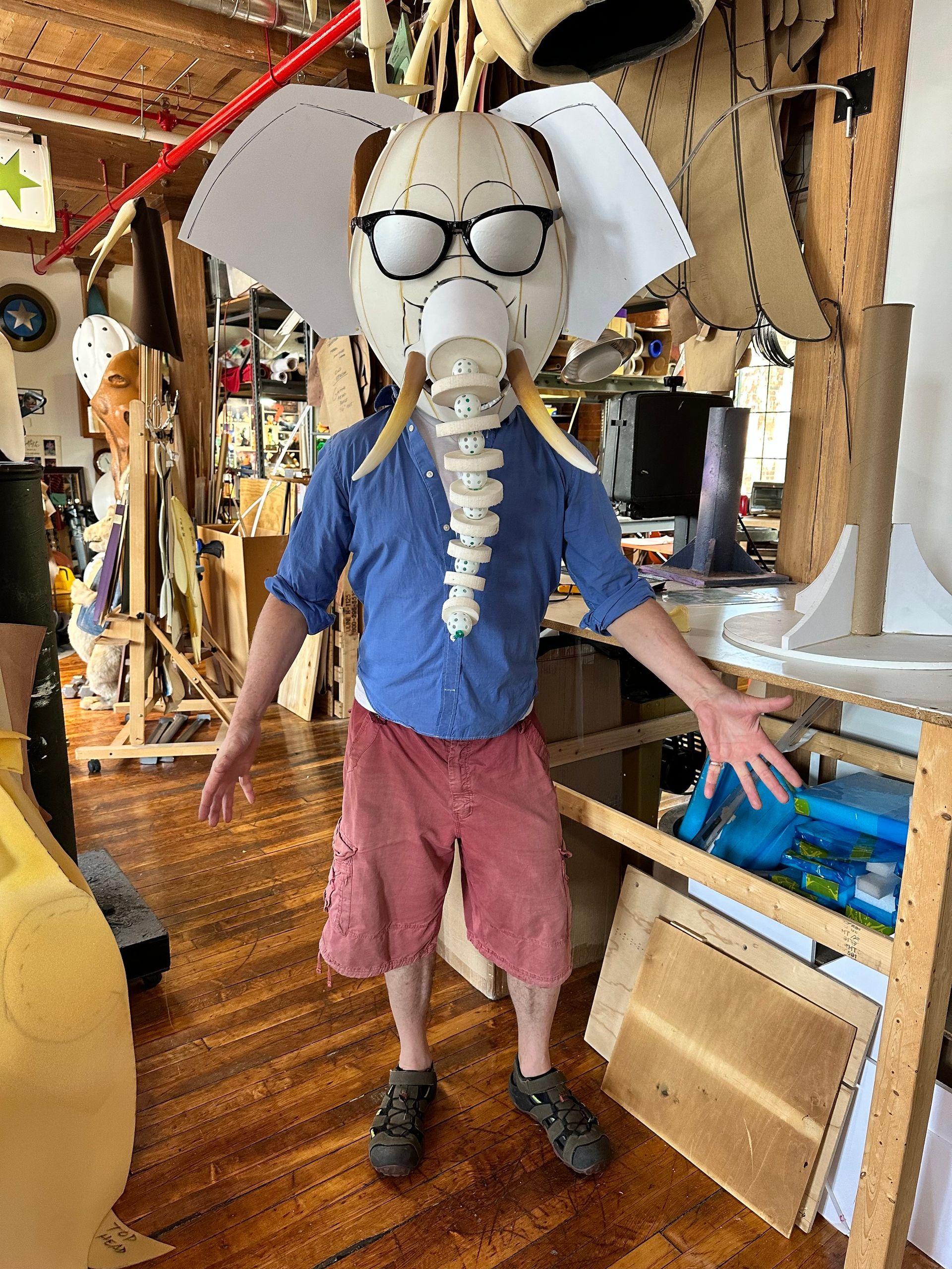 A man wearing an elephant mask and glasses is standing in a room.