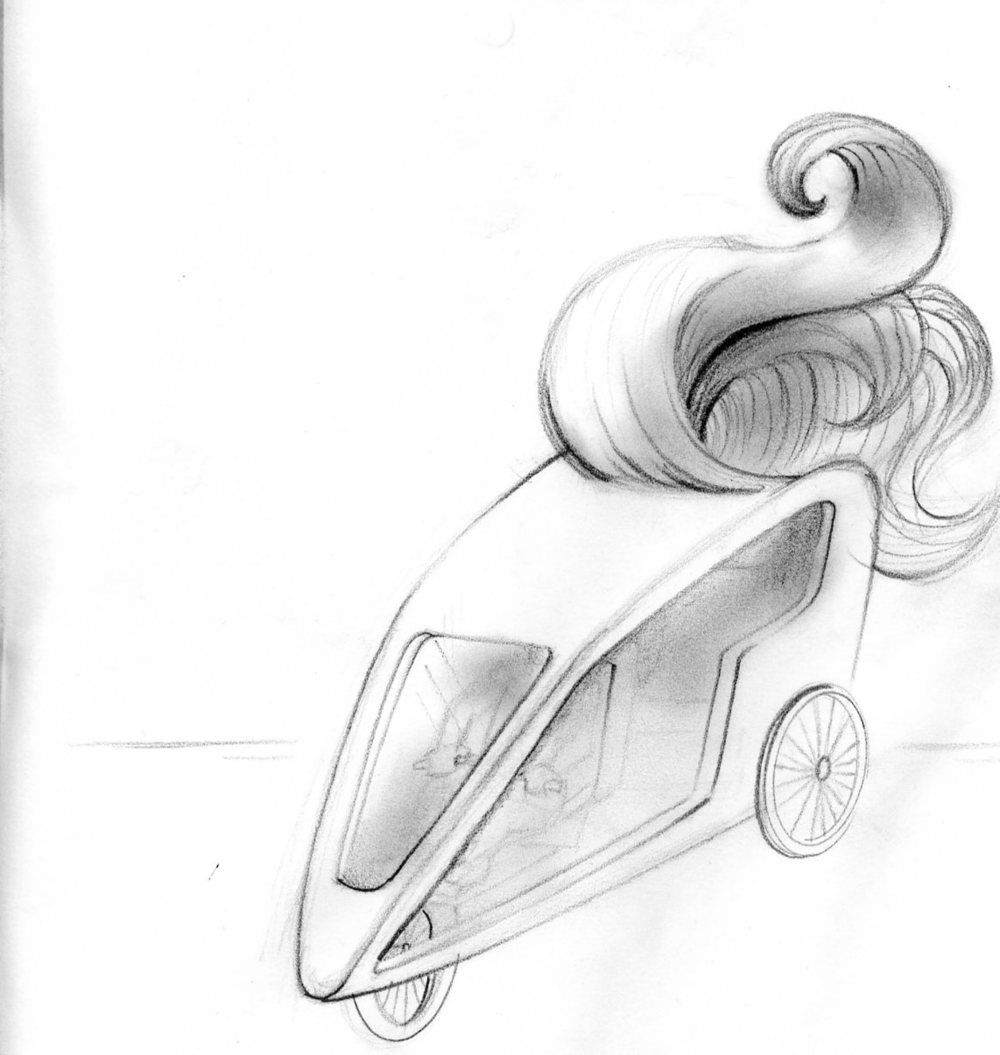 A black and white drawing of a car with a long tail