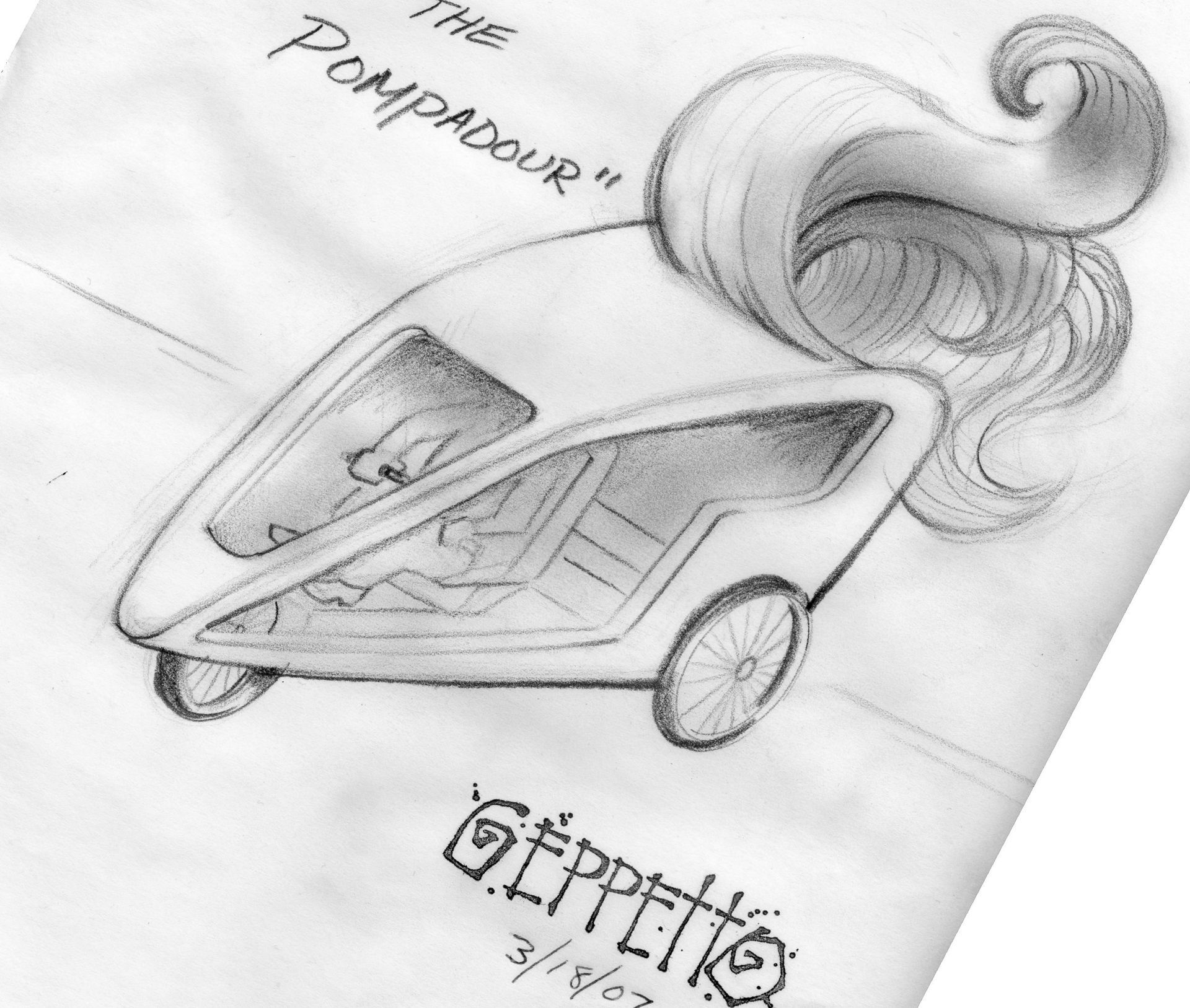 A black and white drawing of a car called the pompadour