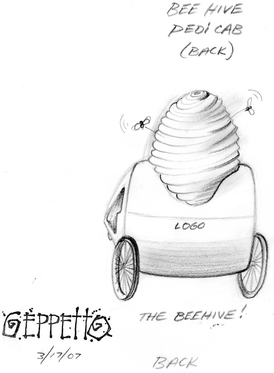 A black and white drawing of a beehive pedicab