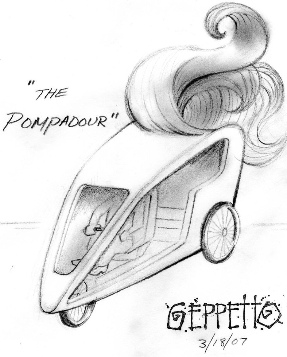 A black and white drawing of a car called the pompadour