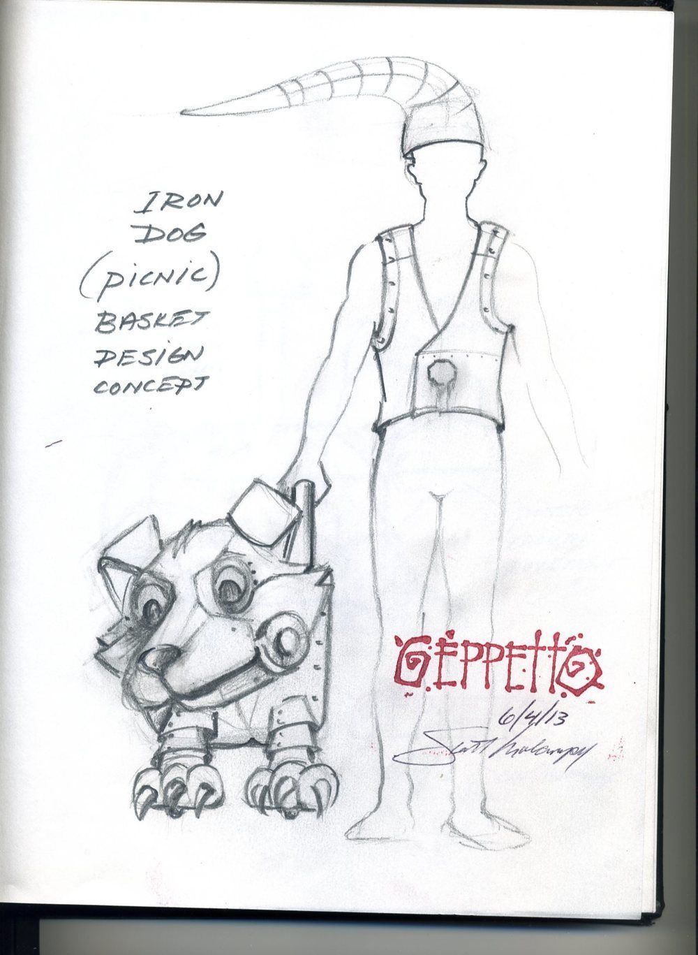 A black and white drawing of a man holding a robot dog