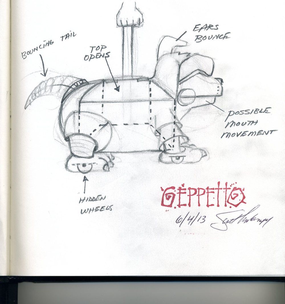 A drawing of a dog with the word geppetto on it