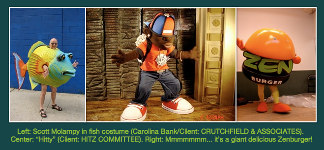 A picture of a person in a fish costume and a picture of a person in a zen burger costume