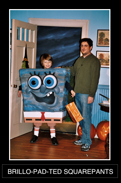 A man and a child dressed as spongebob squarepants