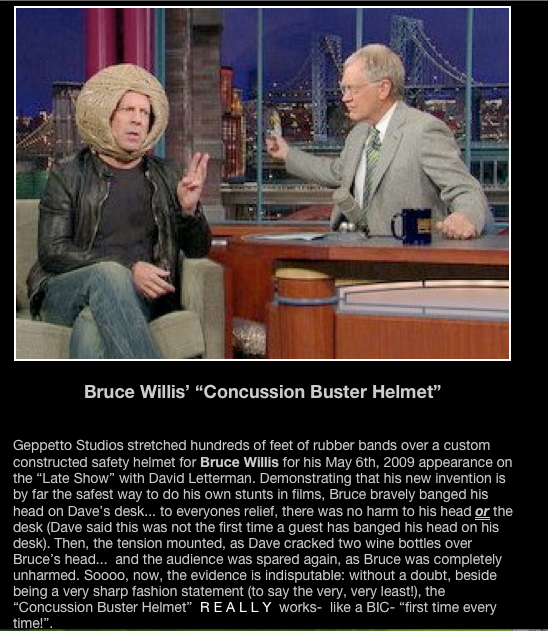 A picture of bruce willis wearing a concussion buster helmet