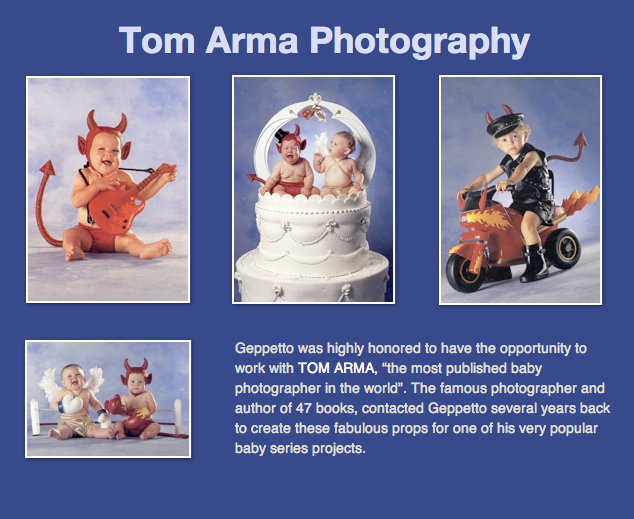 A poster for tom arma photography shows a baby dressed as a devil