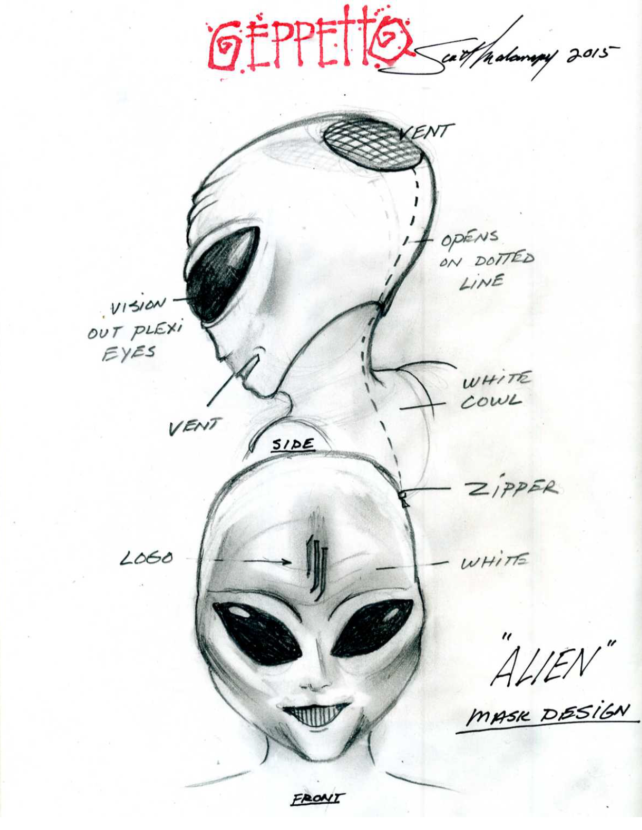 A black and white drawing of an alien head