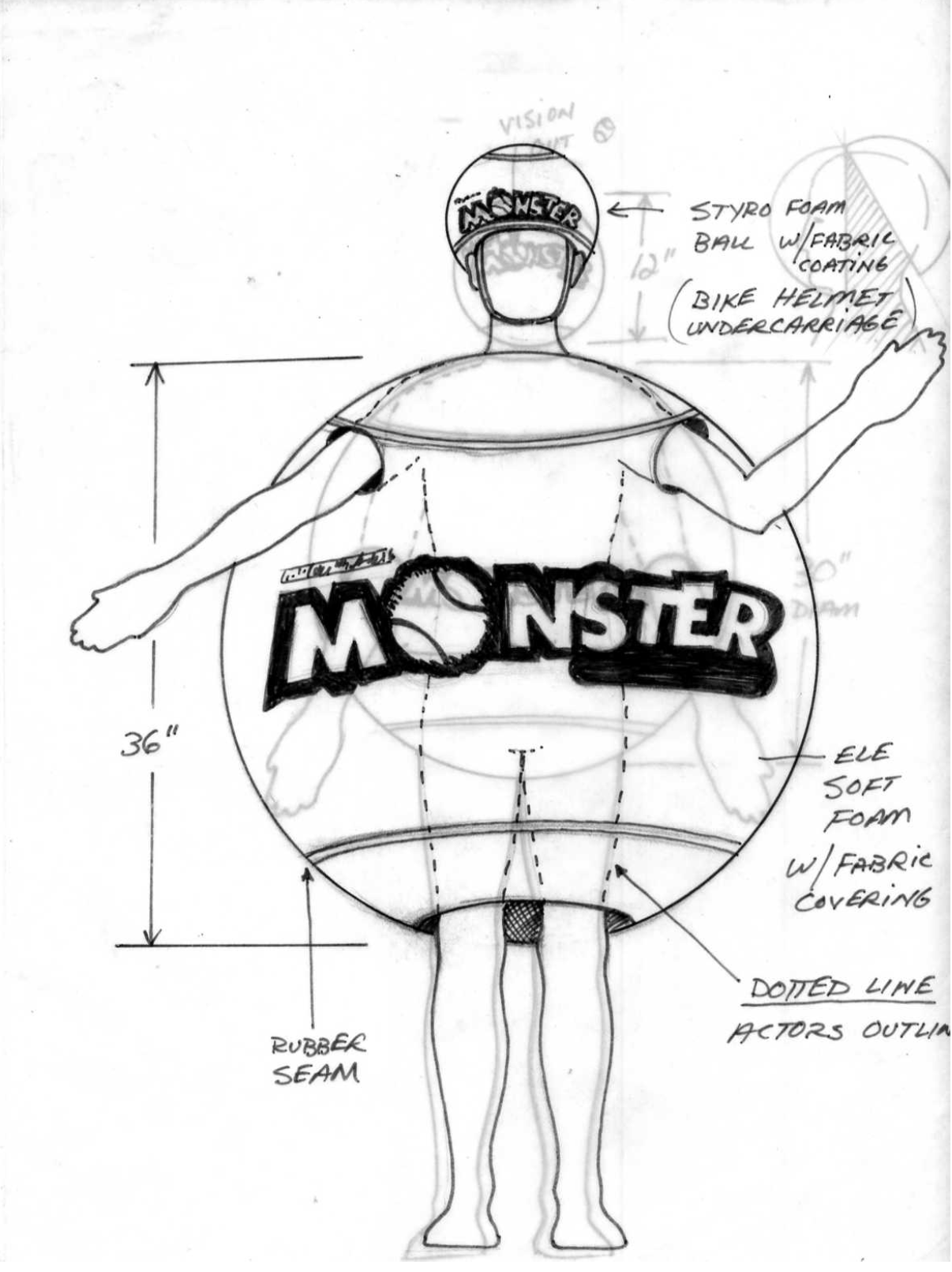 A black and white drawing of a monster costume