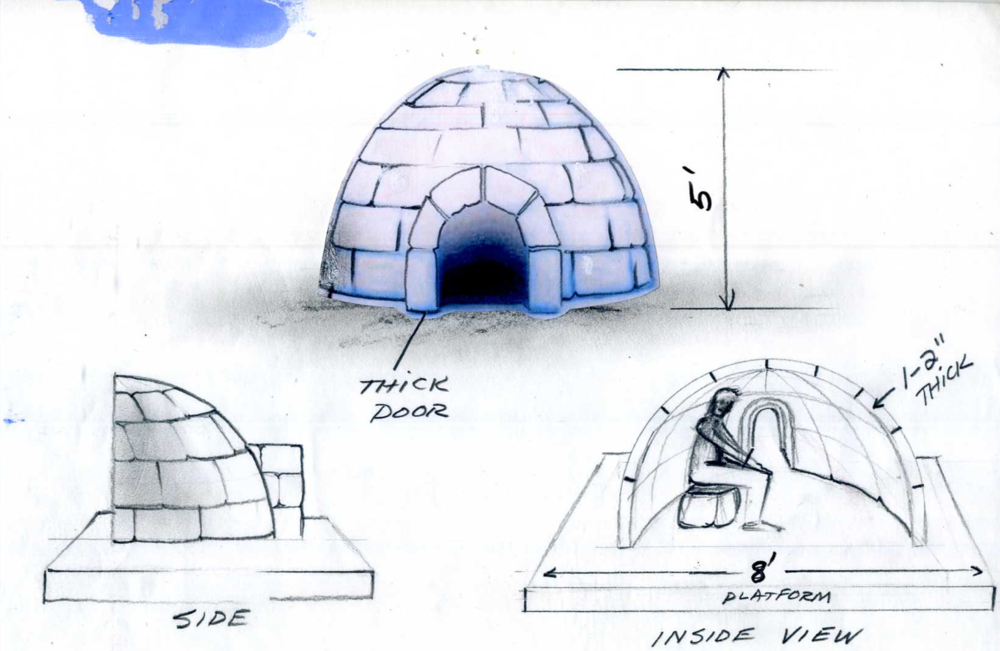 A drawing of an igloo showing the side and inside view