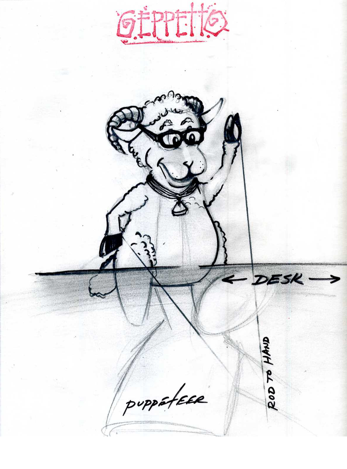 A black and white drawing of a ram with glasses and a collar