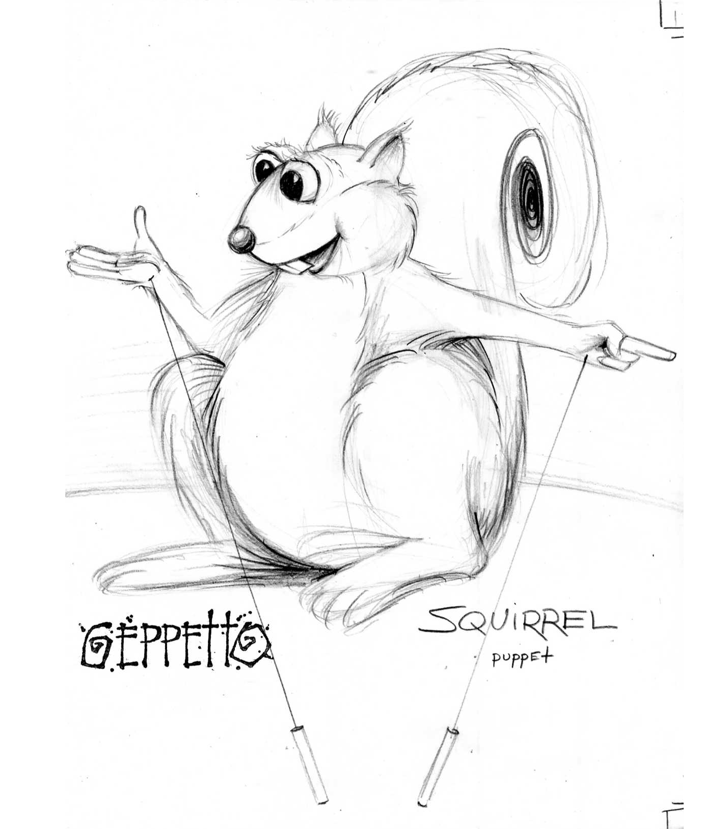 A black and white drawing of a squirrel holding a stick.