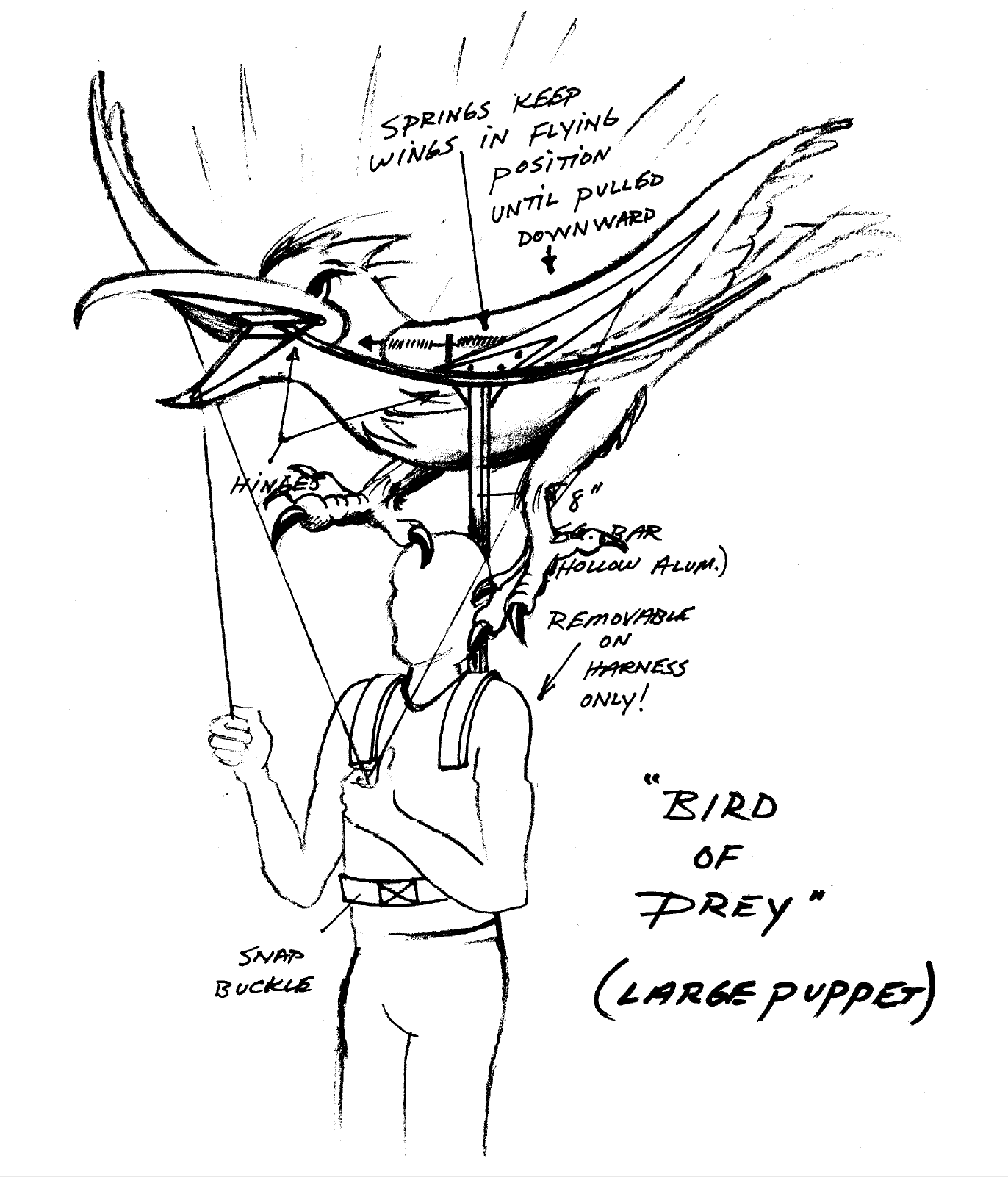 A black and white drawing of a man holding a large puppet.