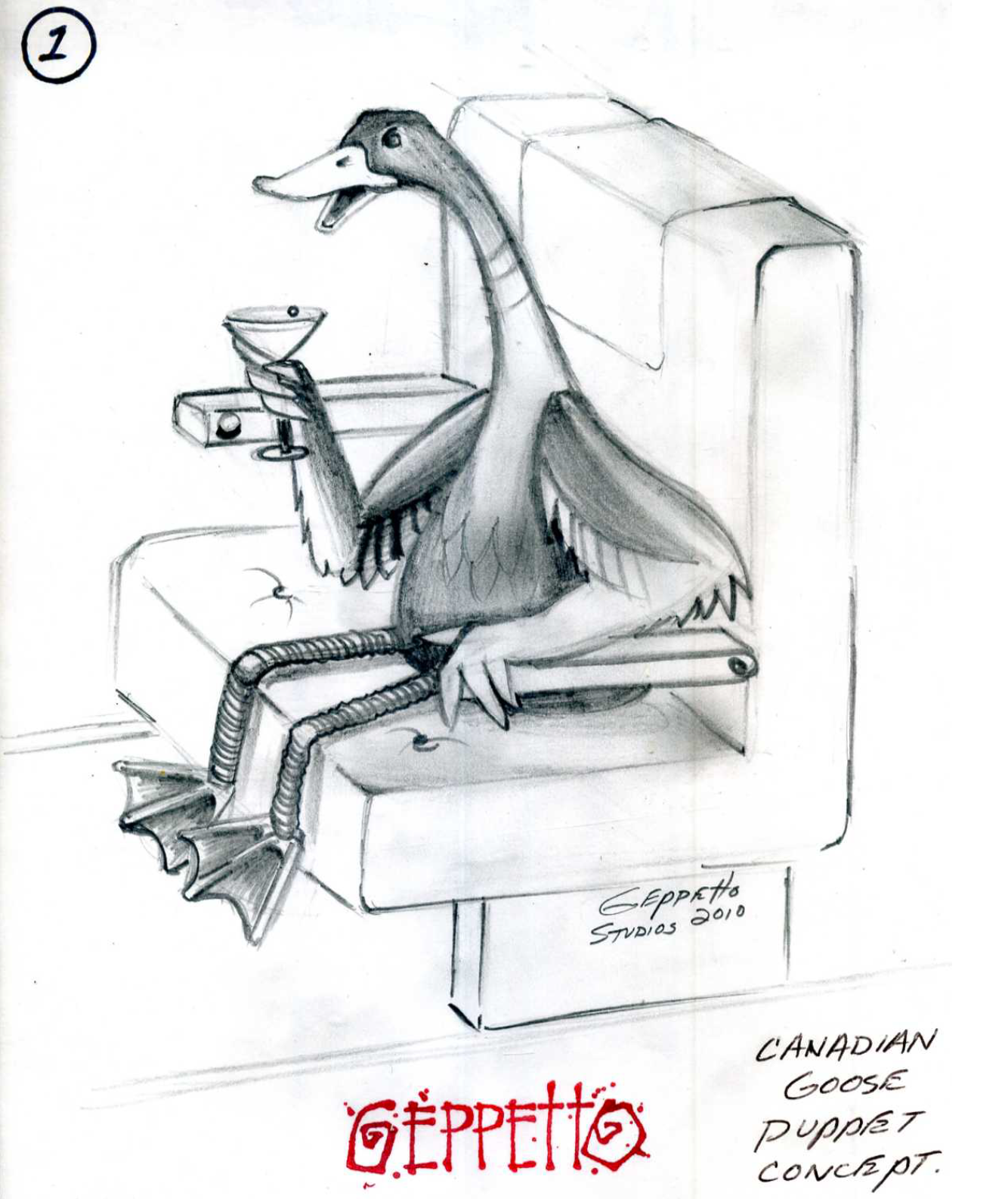 A black and white drawing of a canadian goose holding a martini