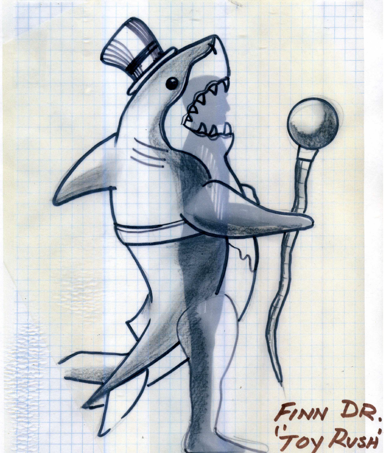 A drawing of a shark wearing a top hat and holding a cane by finn dr. toy rush
