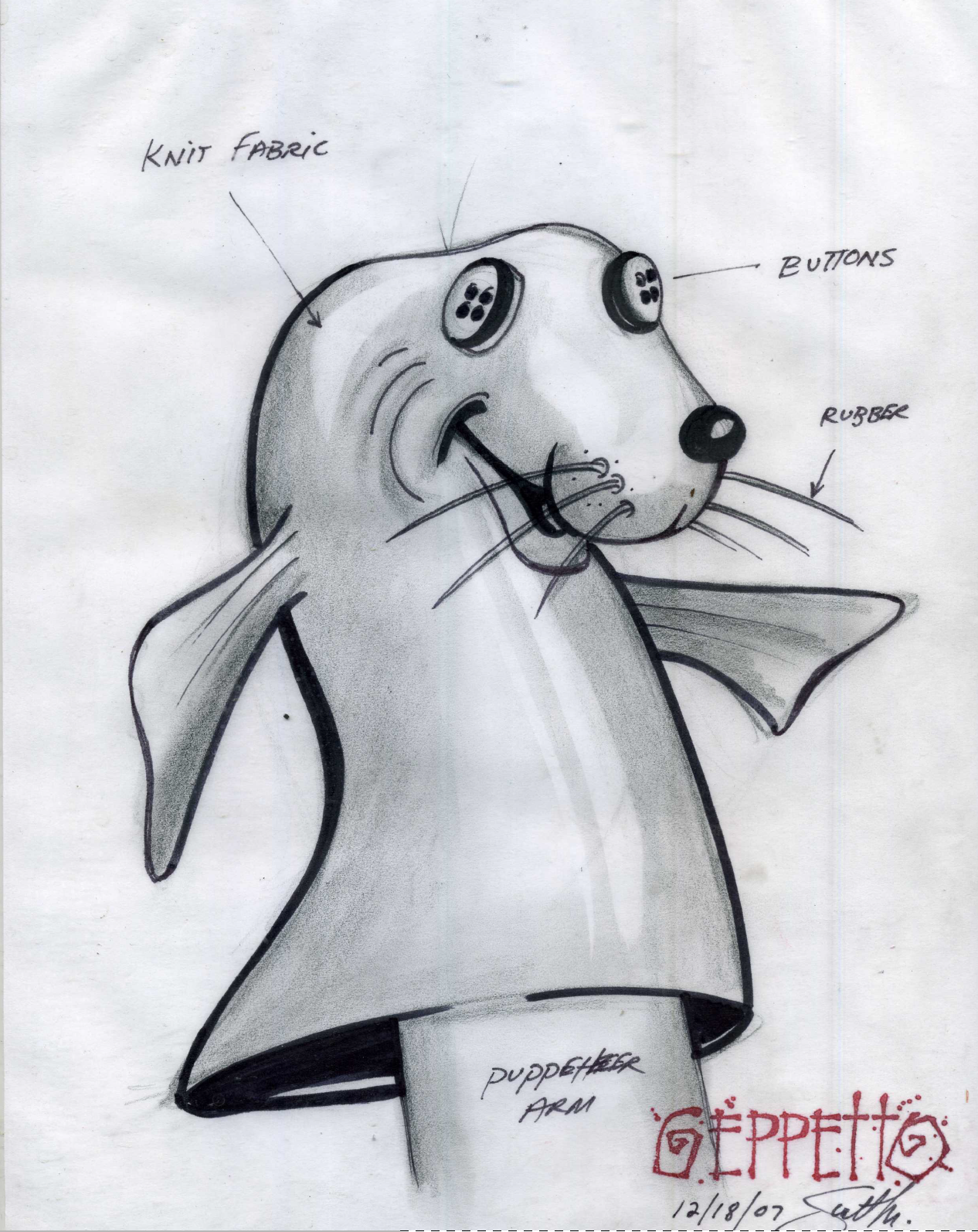 A drawing of a seal with buttons on its eyes