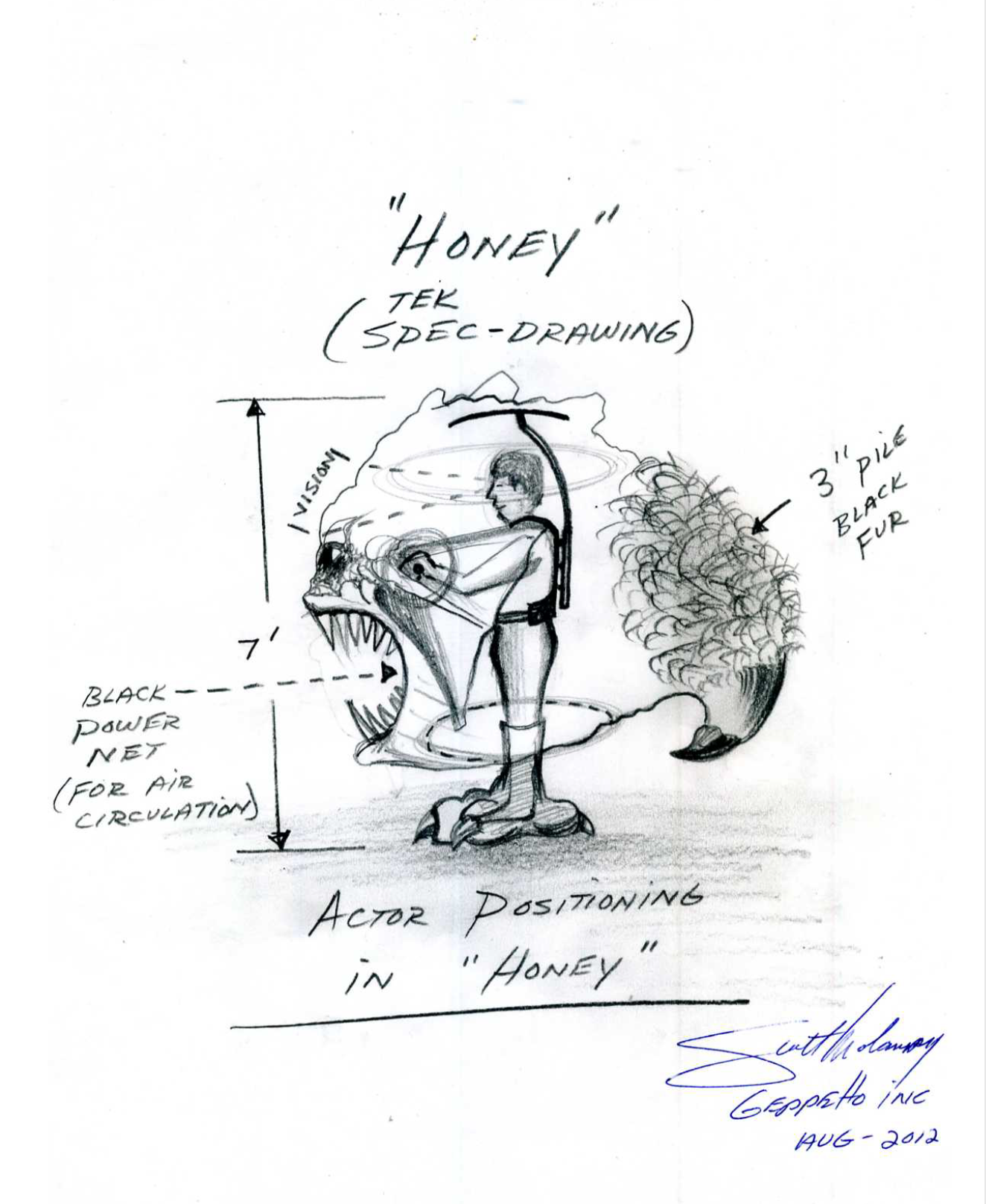 A black and white drawing of a man standing next to a shark.