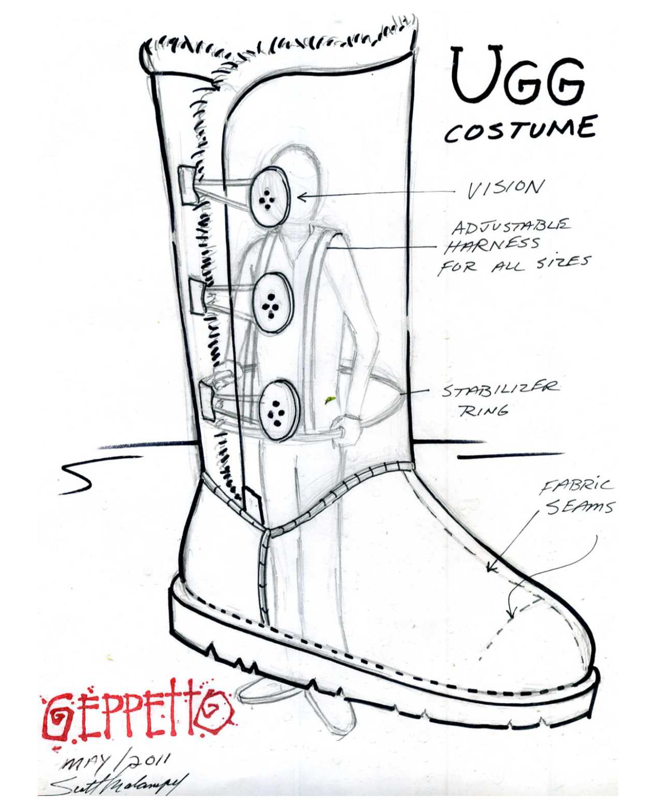 A black and white drawing of a ugg costume