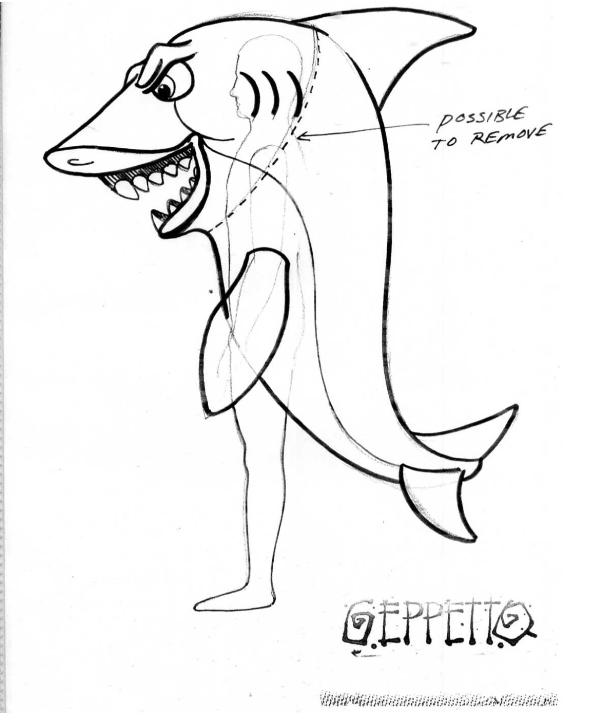 A black and white drawing of a person dressed as a shark.