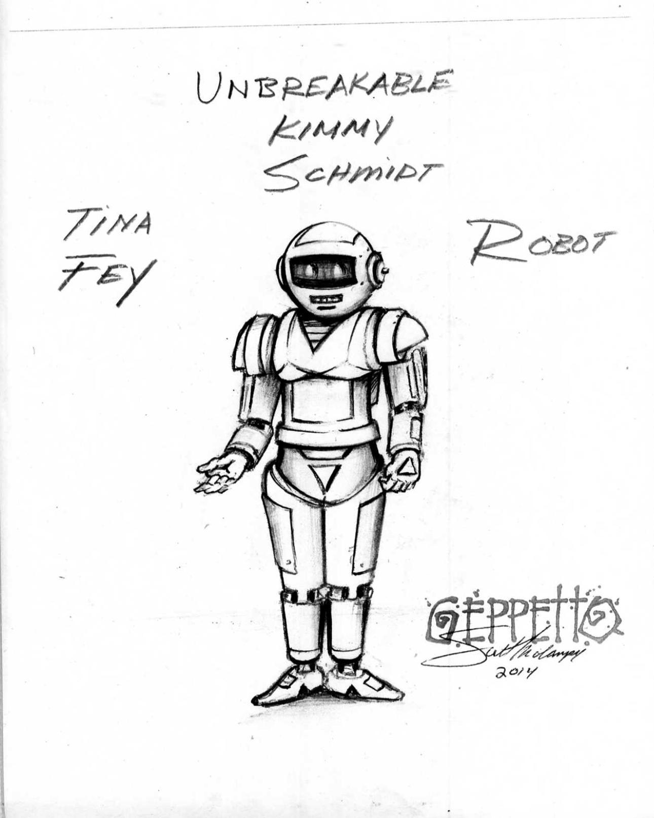A black and white drawing of a robot with a helmet on.