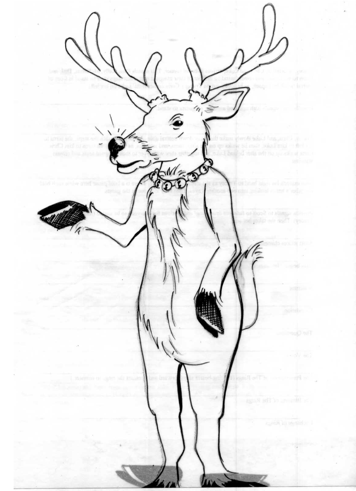 A black and white drawing of a reindeer holding a purse.
