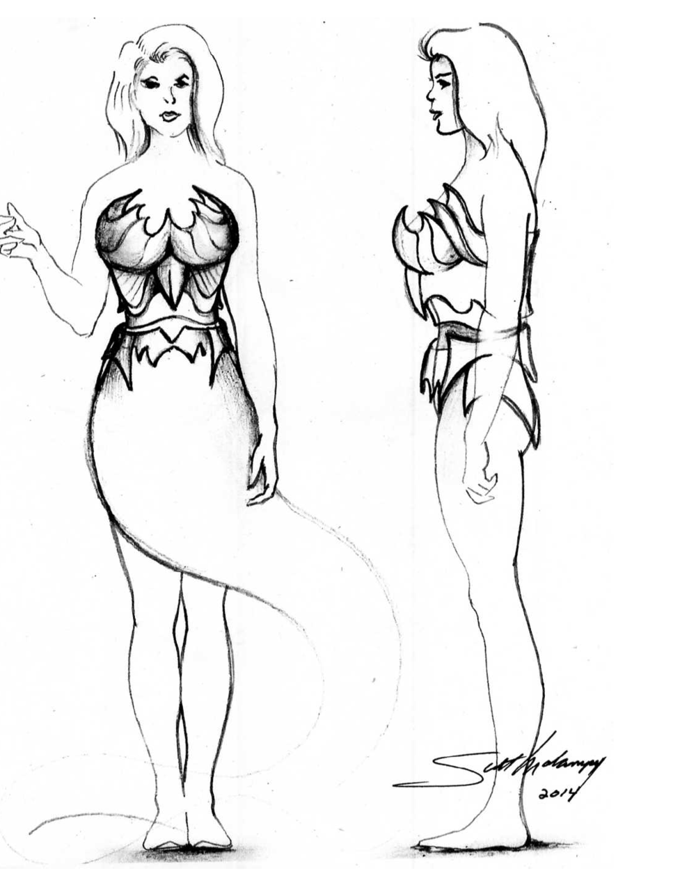 A black and white drawing of a woman in a swimsuit