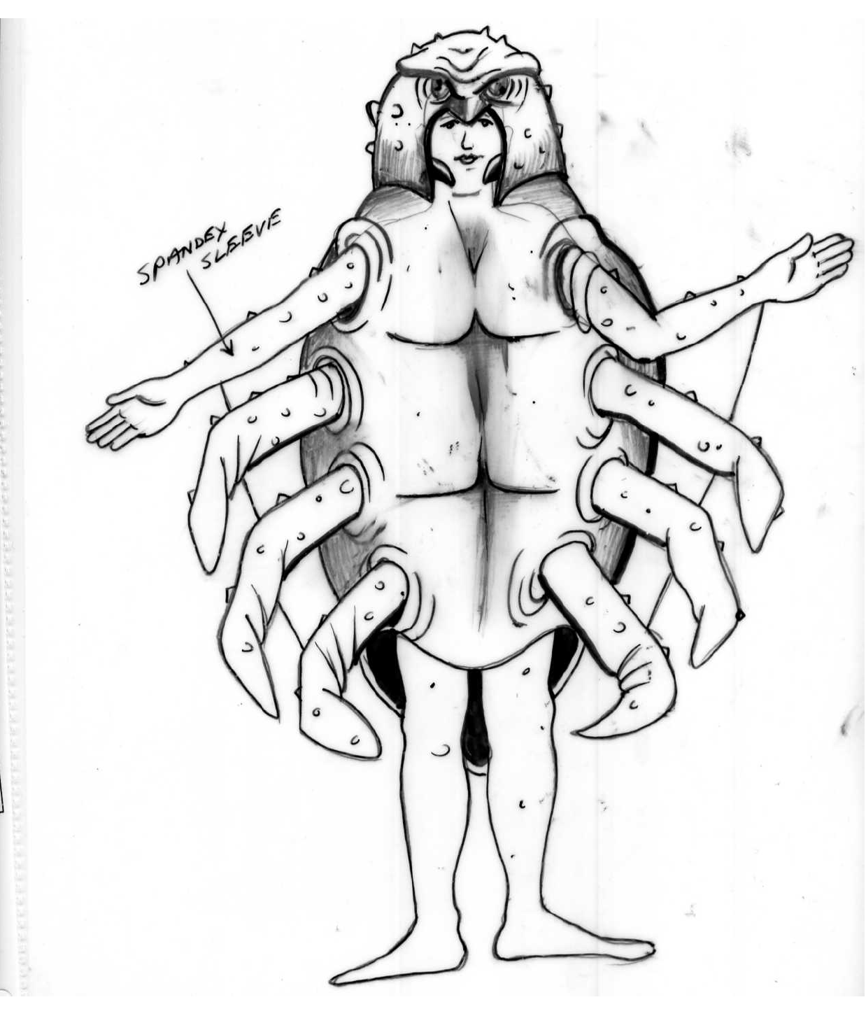 A black and white drawing of a person in a spider costume