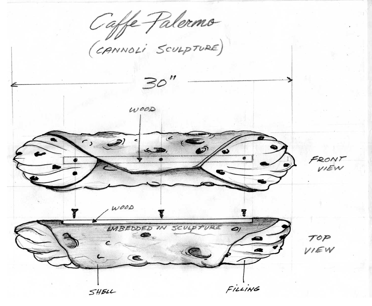 A black and white drawing of a cannoli sculpture