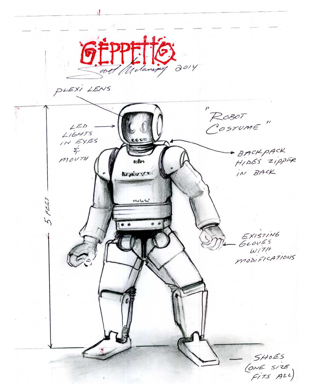 A black and white drawing of a robot on a piece of paper.