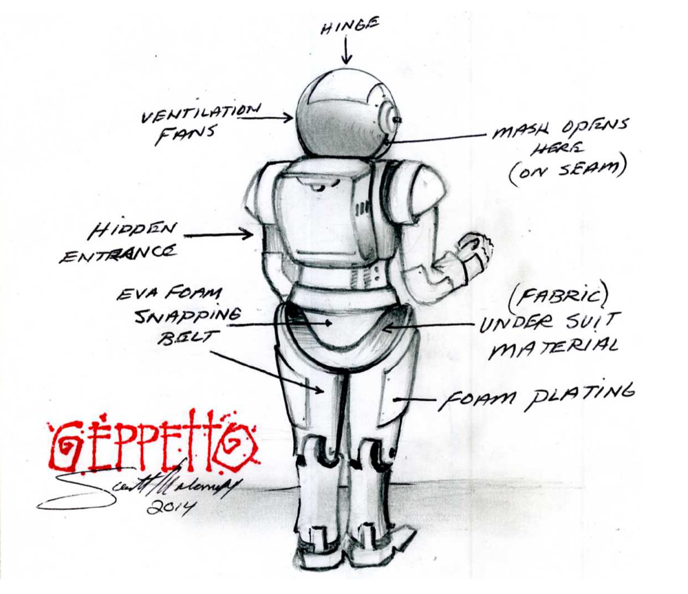 A drawing of a robot with the word geppetto on the bottom