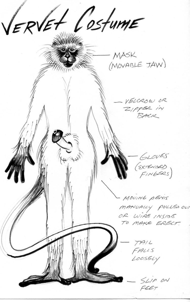 A black and white drawing of a vervet costume