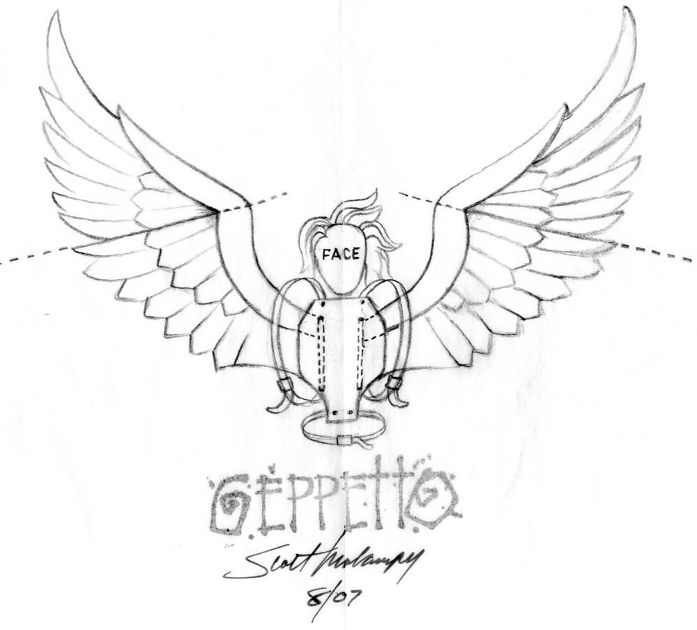 A black and white drawing of a face with wings