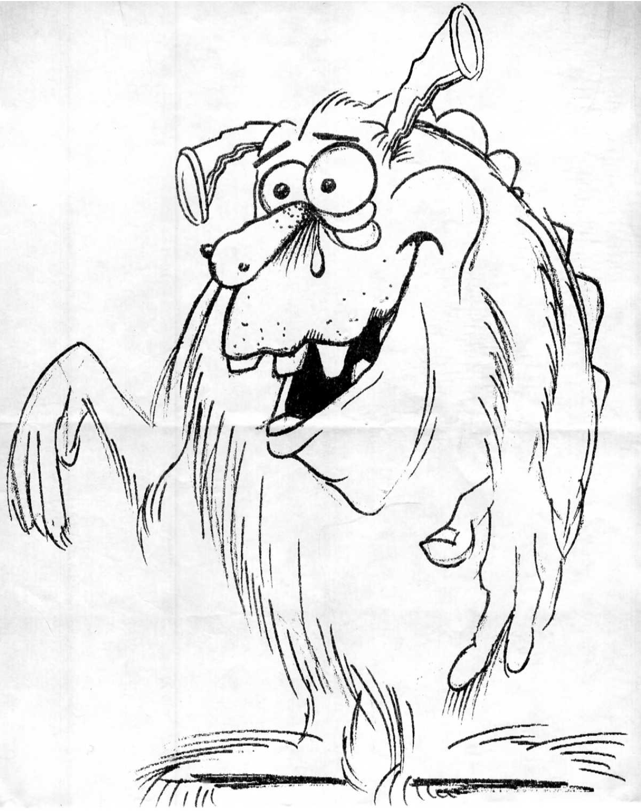 A black and white drawing of a cartoon monster