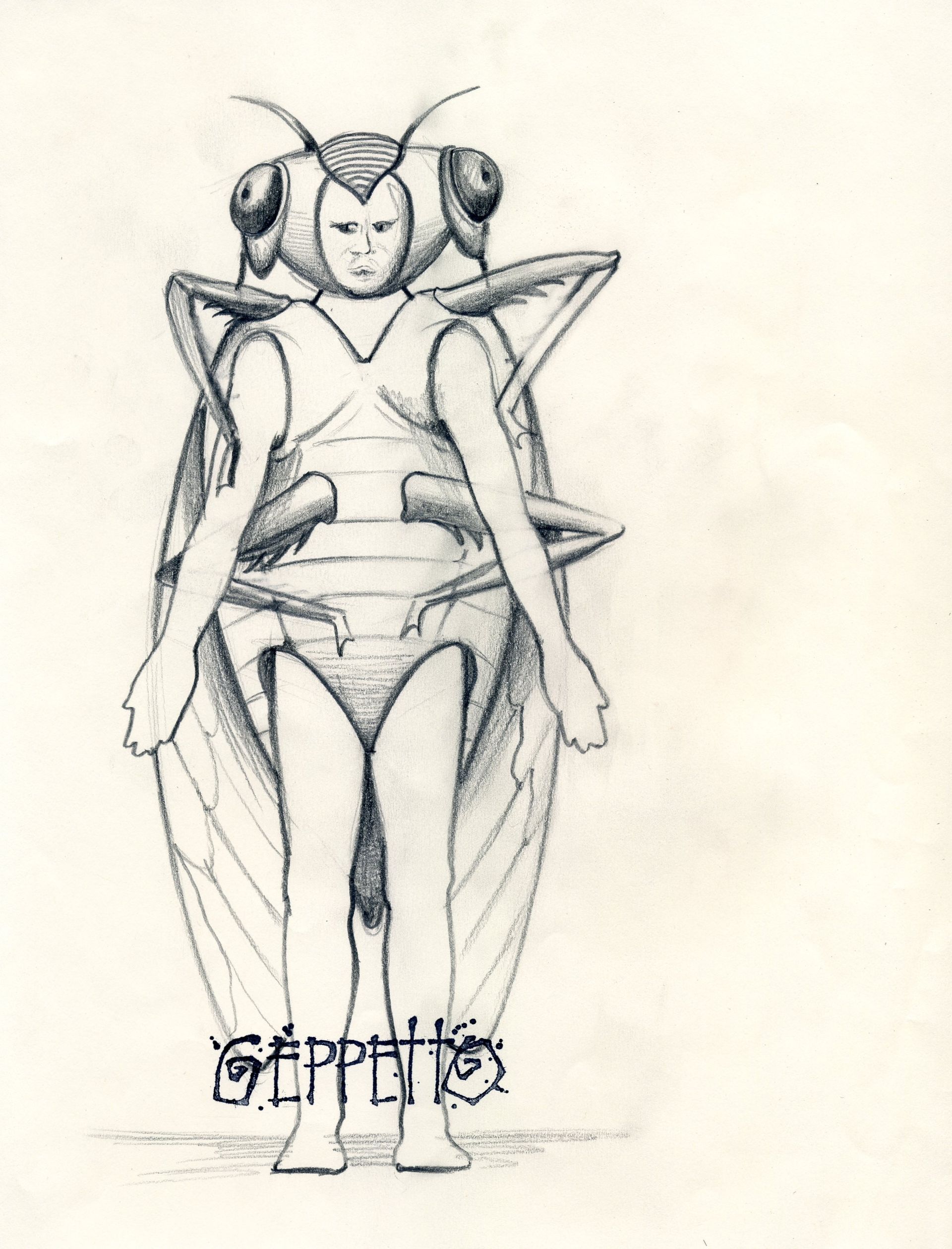 A black and white drawing of a person dressed as a bug