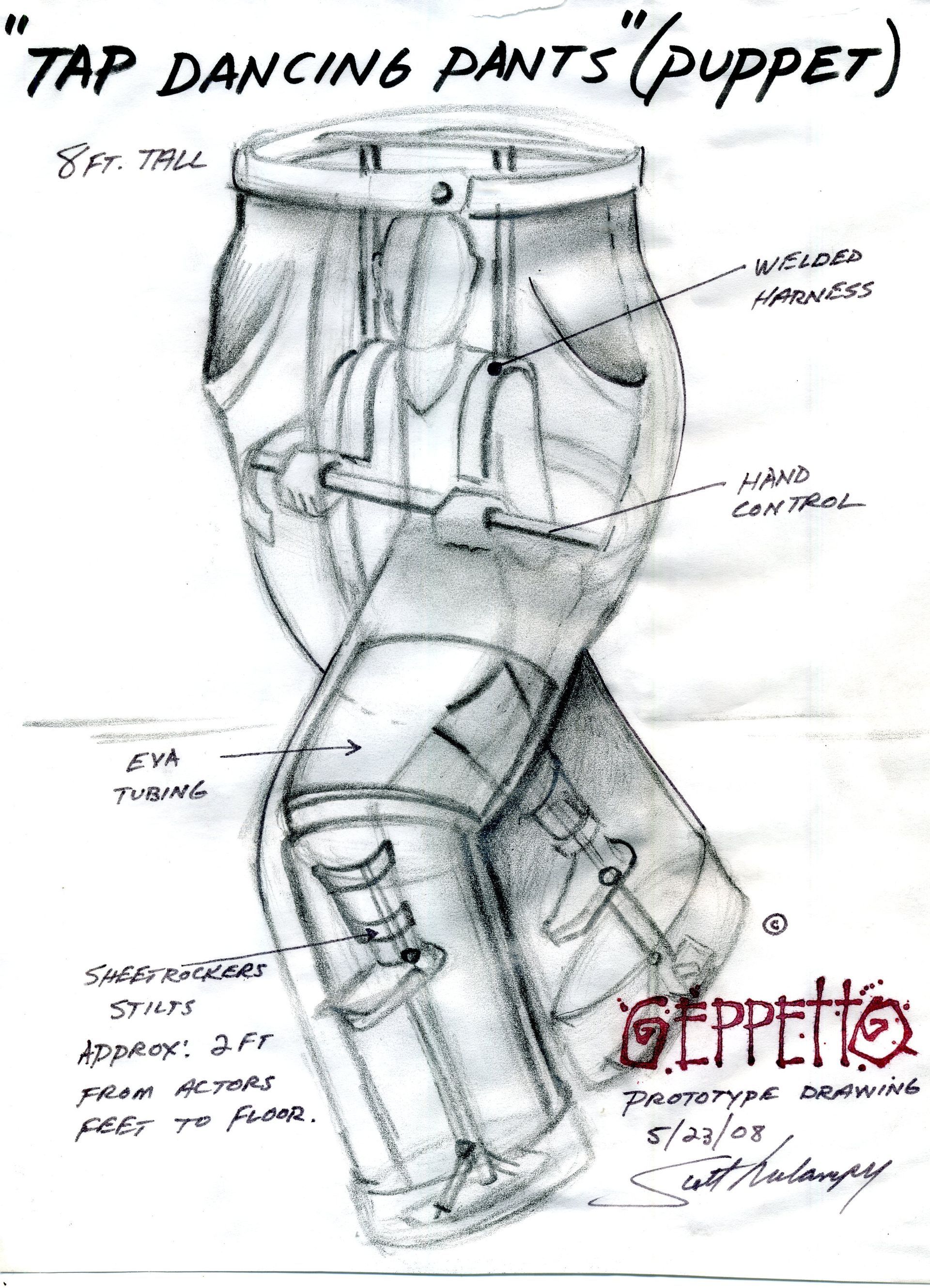 A black and white drawing of a pair of dancing pants