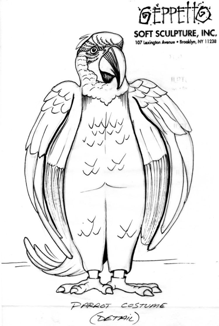 A black and white drawing of a parrot wearing a costume