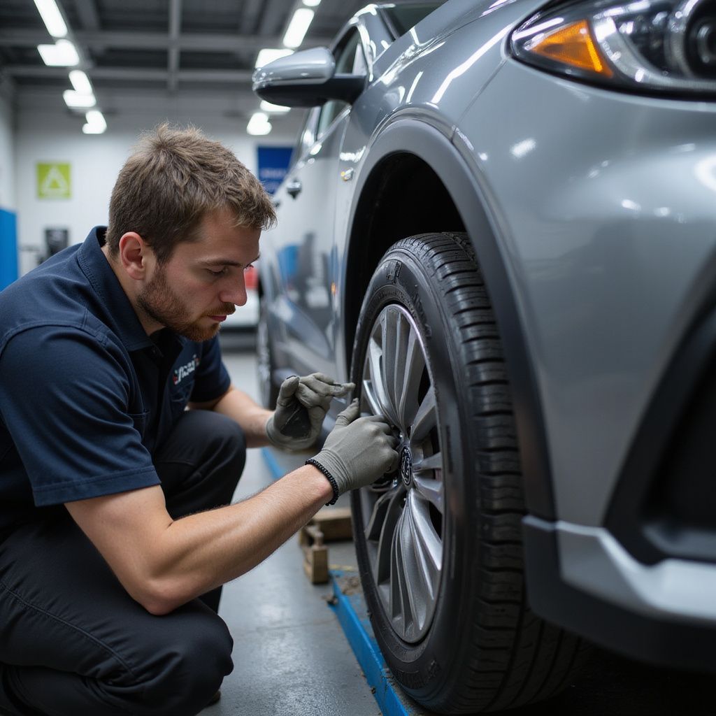 Mechanic changing a car tire in a shop. He kneels, wearing gloves, focused on the wheel.