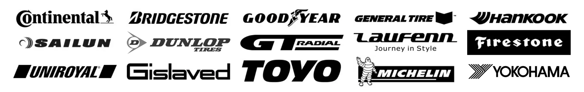 Logos of various tire brands arranged in rows.