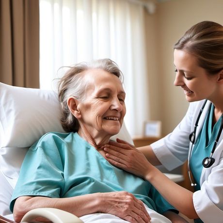 Hospice nurse caring for a patient in bed