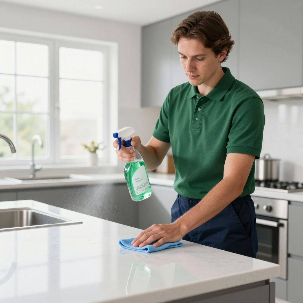 Man sprays cleaner onto kitchen countertop, wiping with a blue cloth.