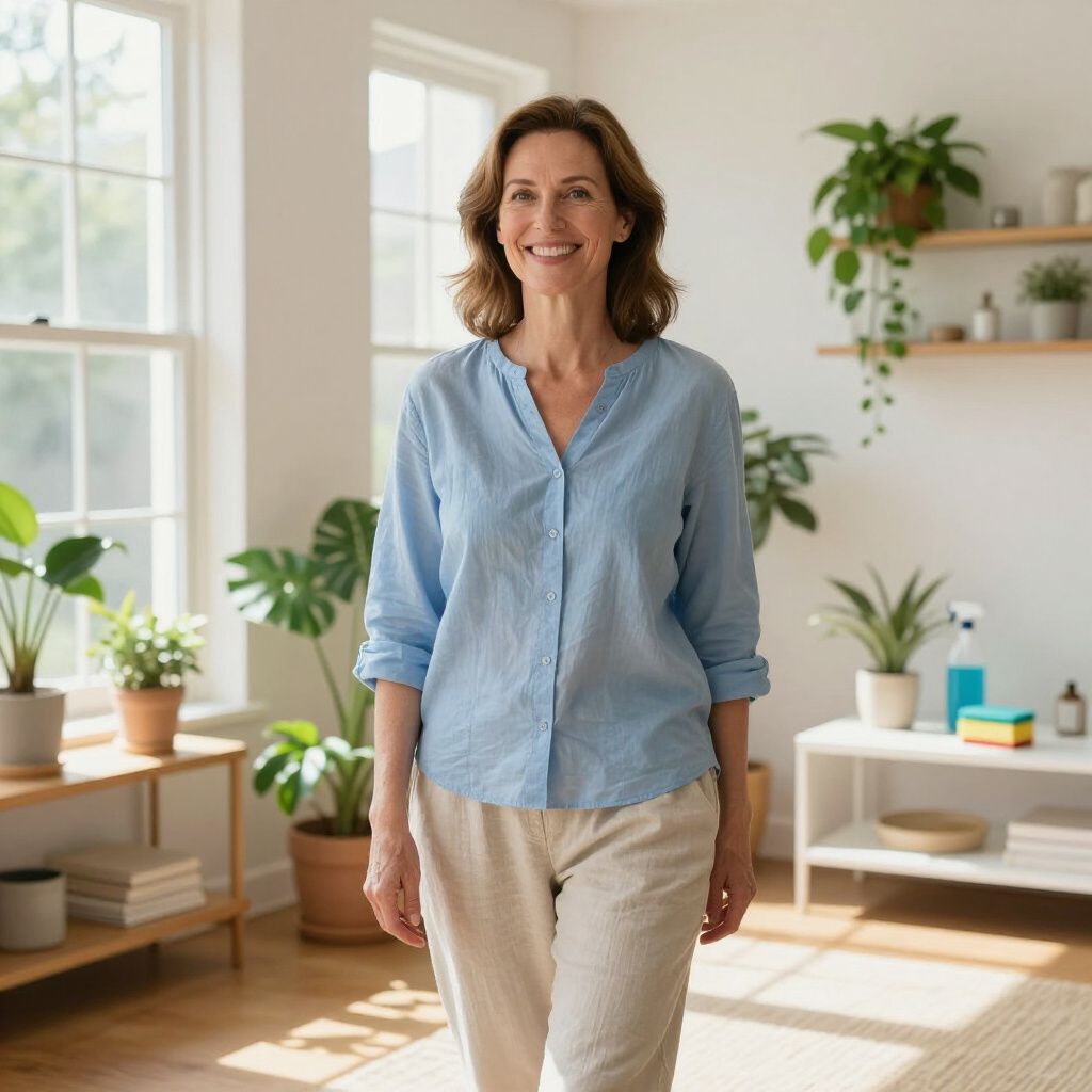 Woman in blue shirt and beige pants smiles indoors, surrounded by plants and sunlight.